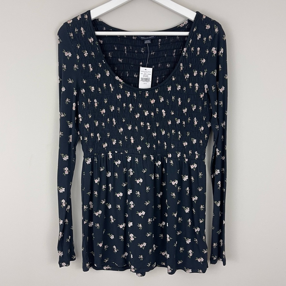 American Eagle Outfitters Floral Sheared Long Sleeve Top